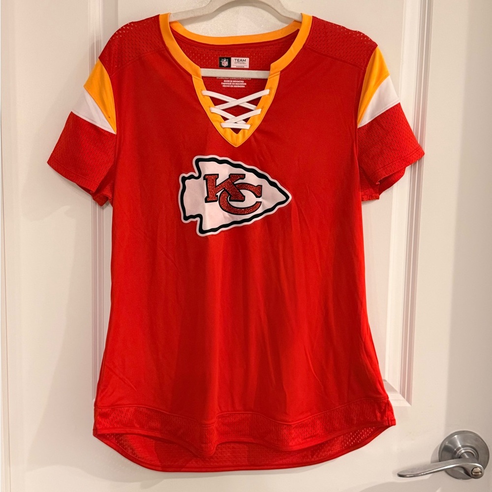 Kansas City Chiefs NFL Women’s Lace-Up Fan Jersey Top Red/Gold Size Large